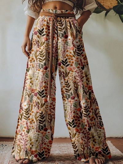 Boho Wildflower Embroidered Linen-Blend Pants