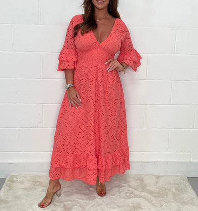 Evelora™ | Anglaise Frill Sleeve Midi Dress