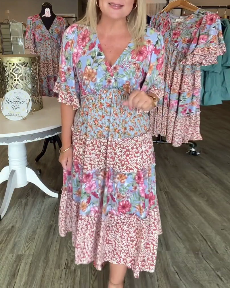 Liora™ | V-Neck Lotus Sleeve Floral Dress