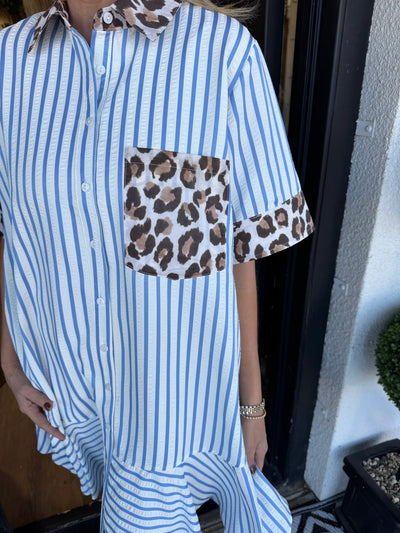 Savara™ | Striped & Animal Print Contrast Button-Down Dress