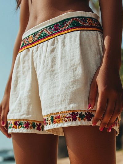 Women’s Retro Embroidered Cotton-Linen Shorts