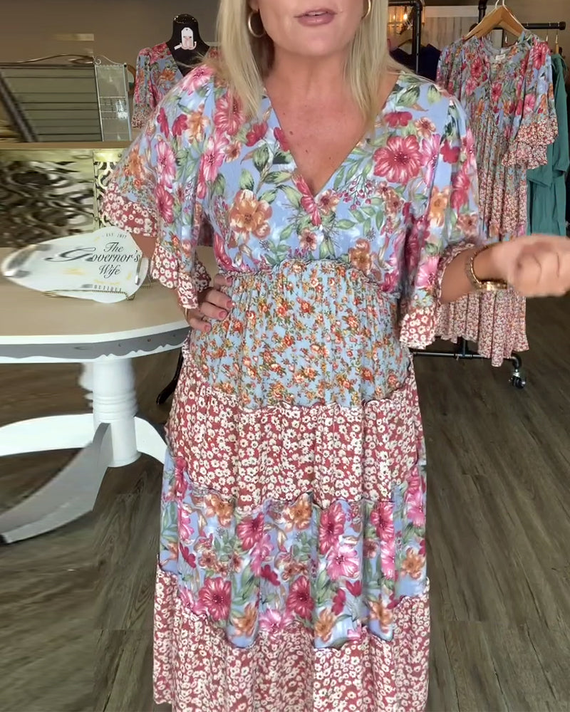 Liora™ | V-Neck Lotus Sleeve Floral Dress