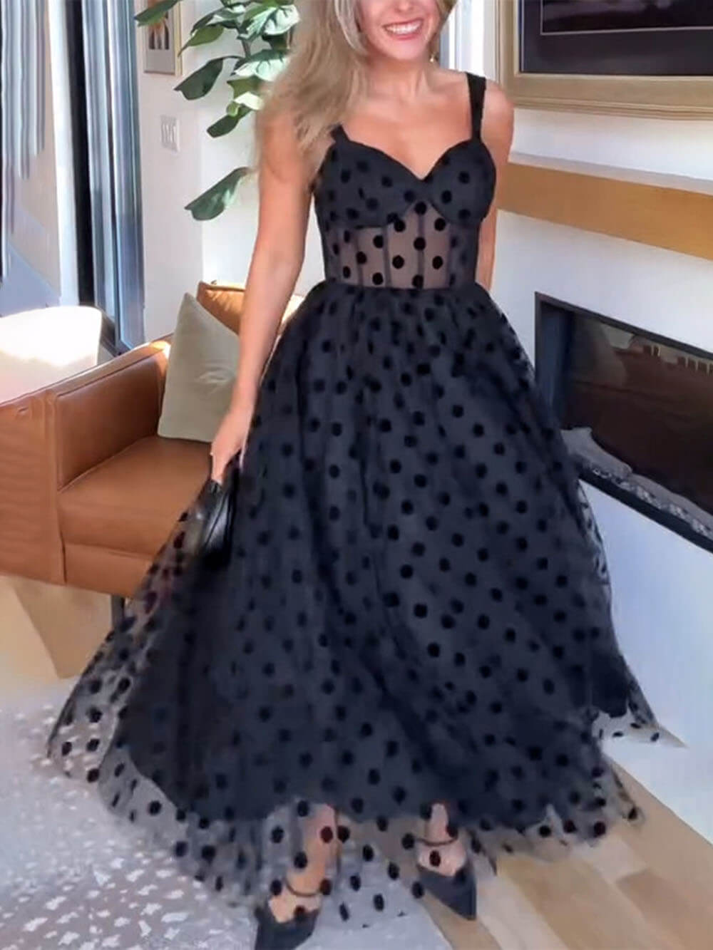 Heidi | Black Polka Dot Evening Dress