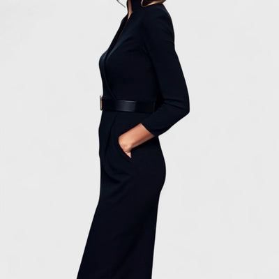 Mandarin™ | Elegant Black Dress with Belt and Mandarin Collar
