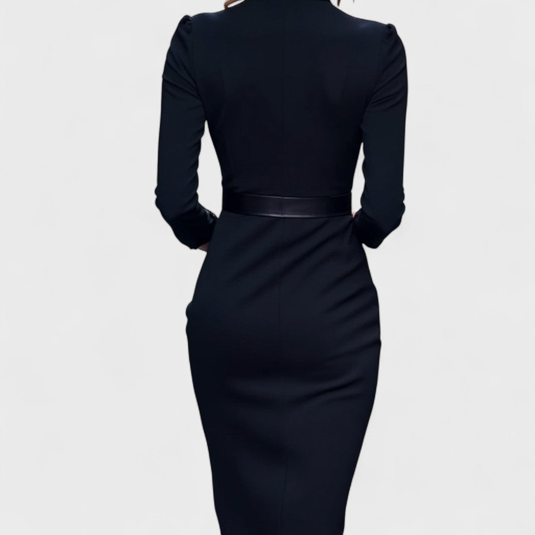 Mandarin™ | Elegant Black Dress with Belt and Mandarin Collar