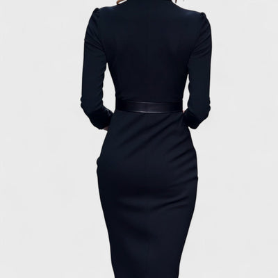 Mandarin™ | Elegant Black Dress with Belt and Mandarin Collar