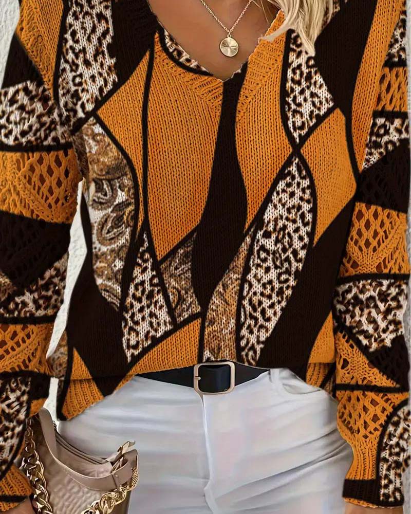 Savélle™ | V-Neck Hollow Leopard Print Pullover