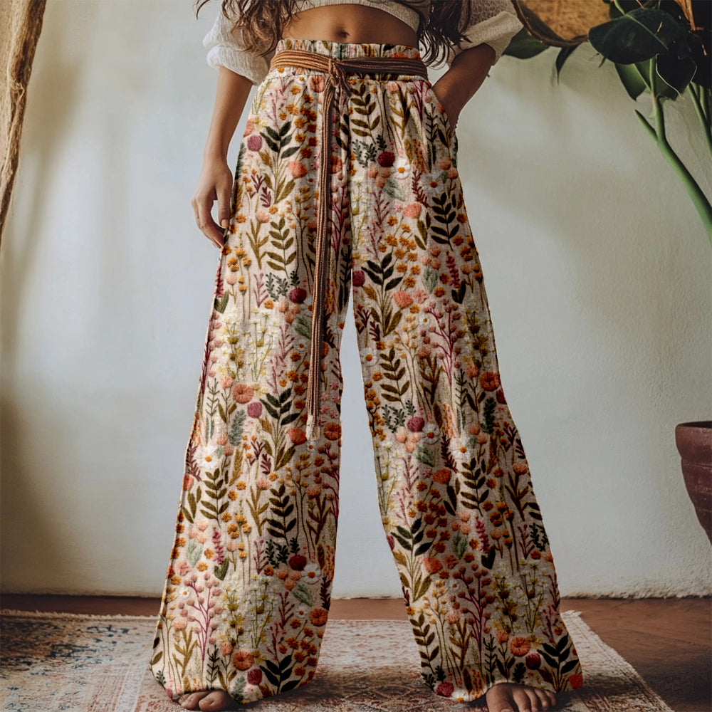 Boho Wildflower Embroidered Linen-Blend Pants