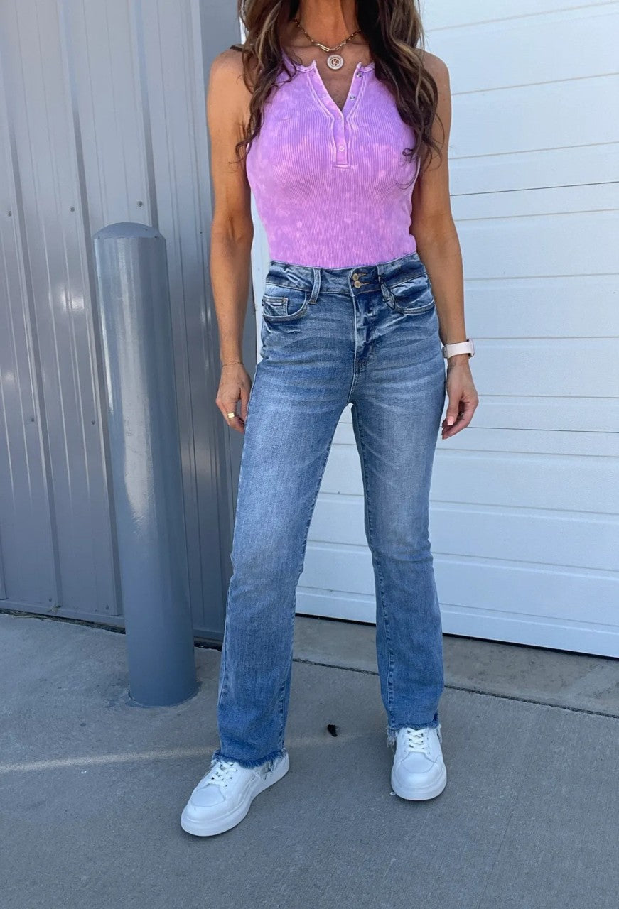 Veloura™ | Vintage Double-Button Frayed Hem Bootcut Jeans