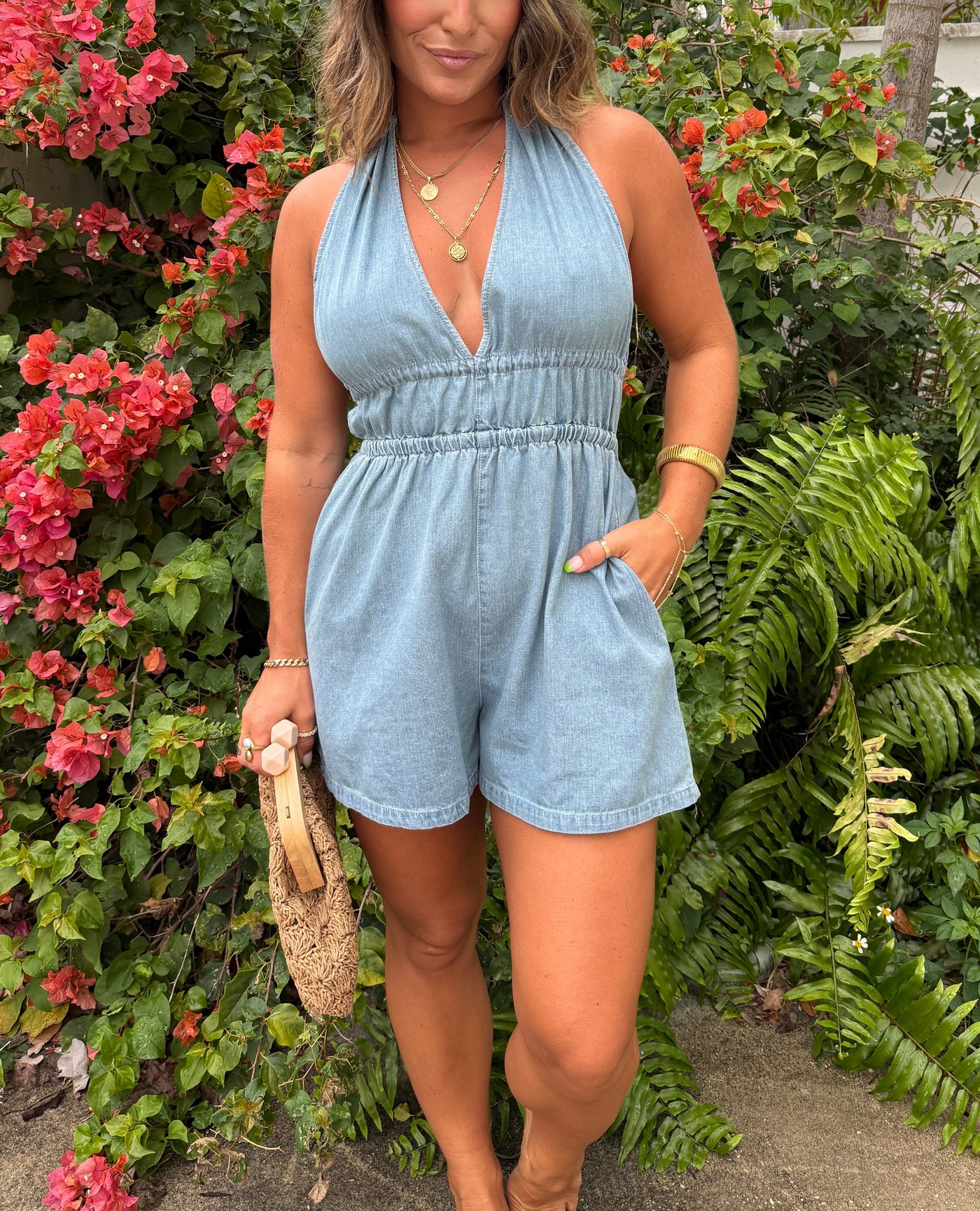 Riviera™ | Adjustable Back-Tie Halter Denim Romper
