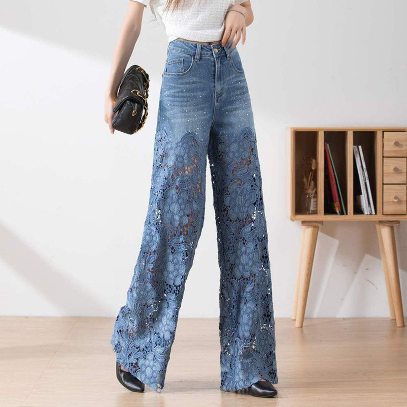 Solviette™ | High-Waisted Lace Panel Wide-Leg Denim Pants