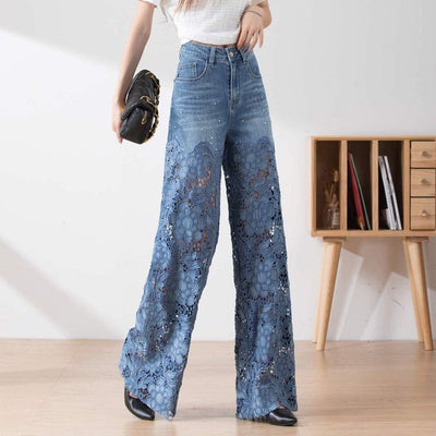 Solviette™ | High-Waisted Lace Panel Wide-Leg Denim Pants