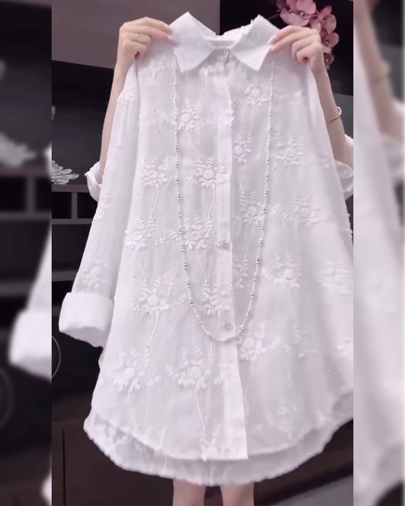 Embroidered Solid Color Shirt with Dropped Shoulders