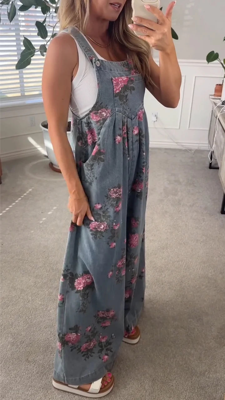 Floral Wide Leg Denim Overalls