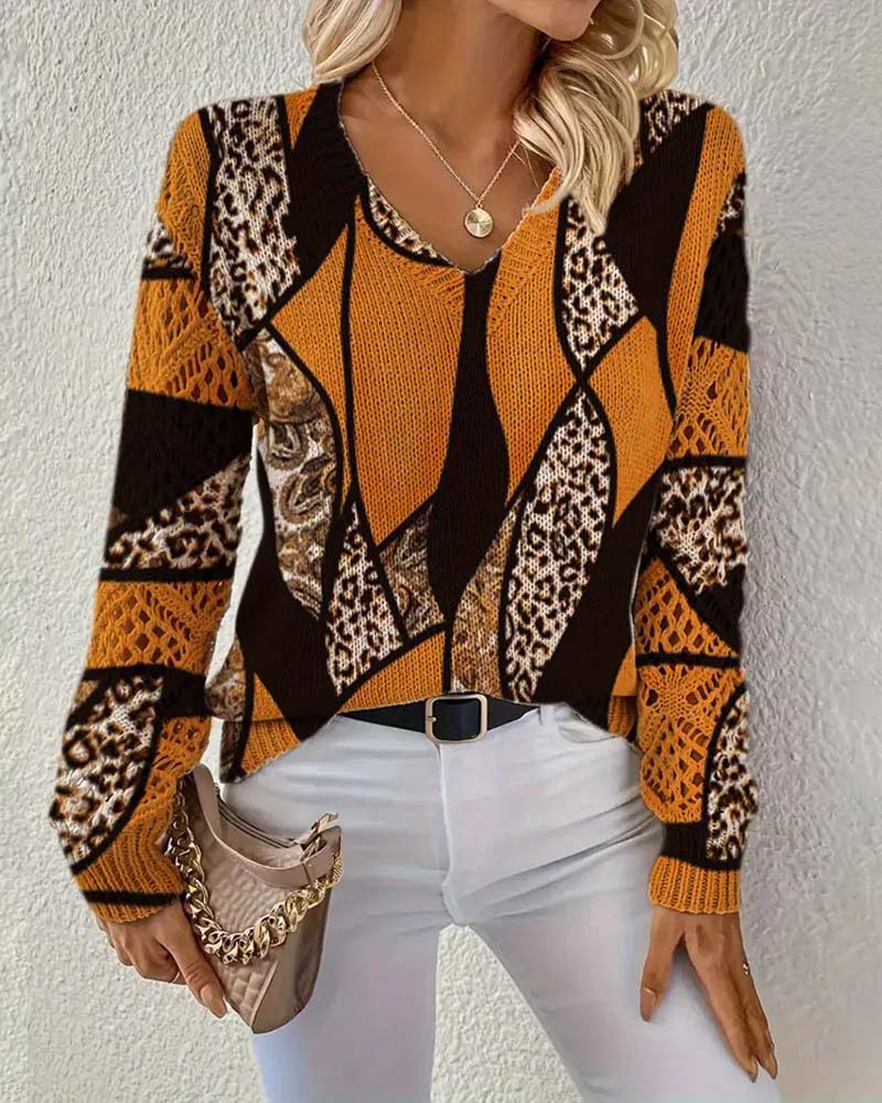 Savélle™ | V-Neck Hollow Leopard Print Pullover