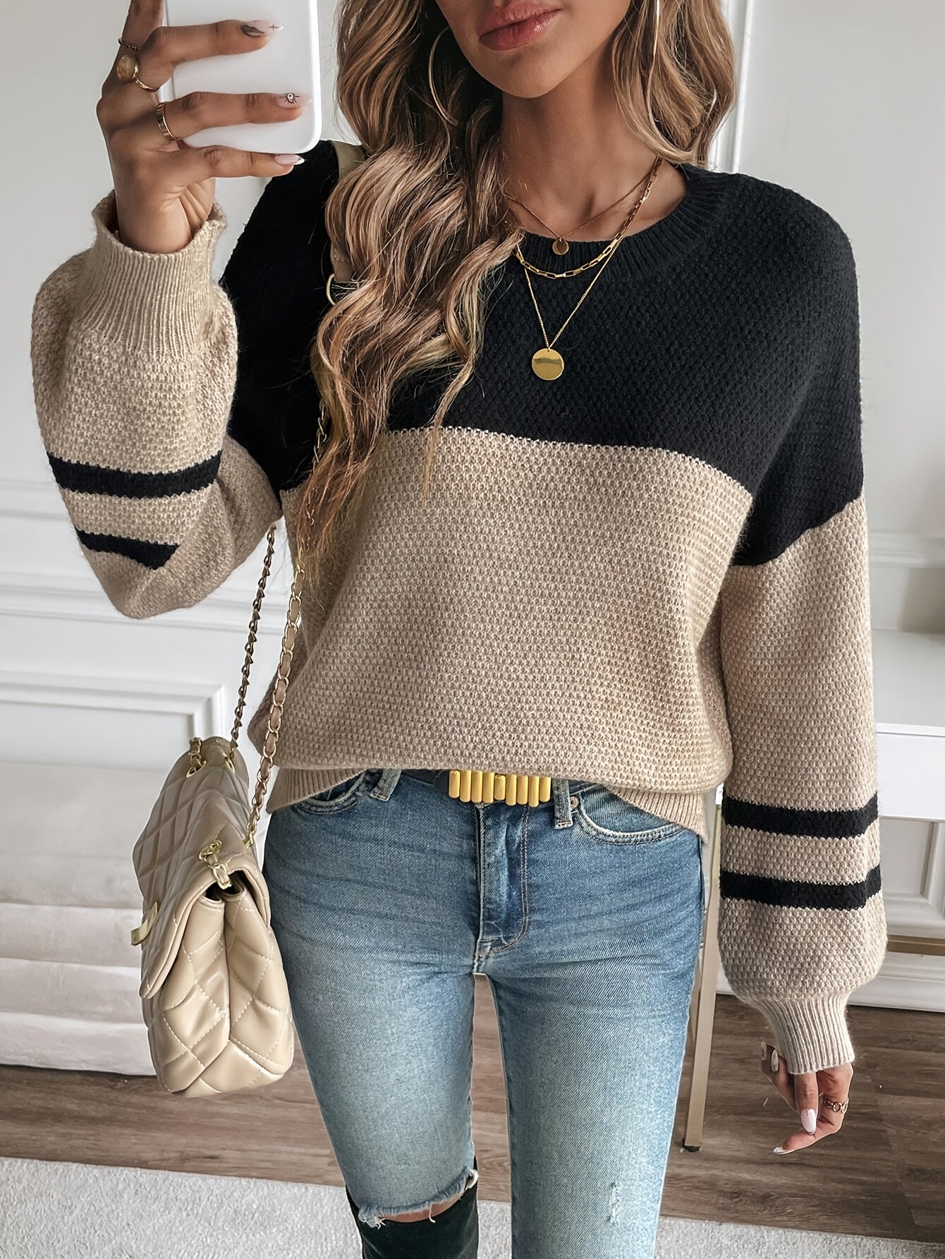Casual Two-Tone Drop Shoulder Sweater
