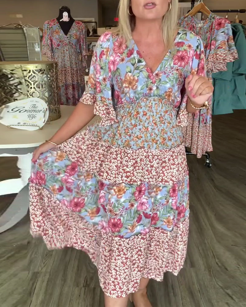 Liora™ | V-Neck Lotus Sleeve Floral Dress