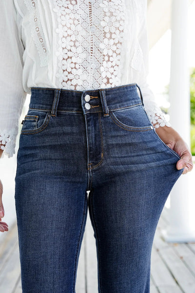 Veloura™ | Vintage Double-Button Frayed Hem Bootcut Jeans