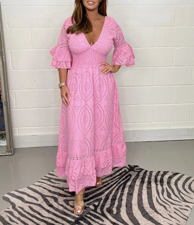 Evelora™ | Anglaise Frill Sleeve Midi Dress