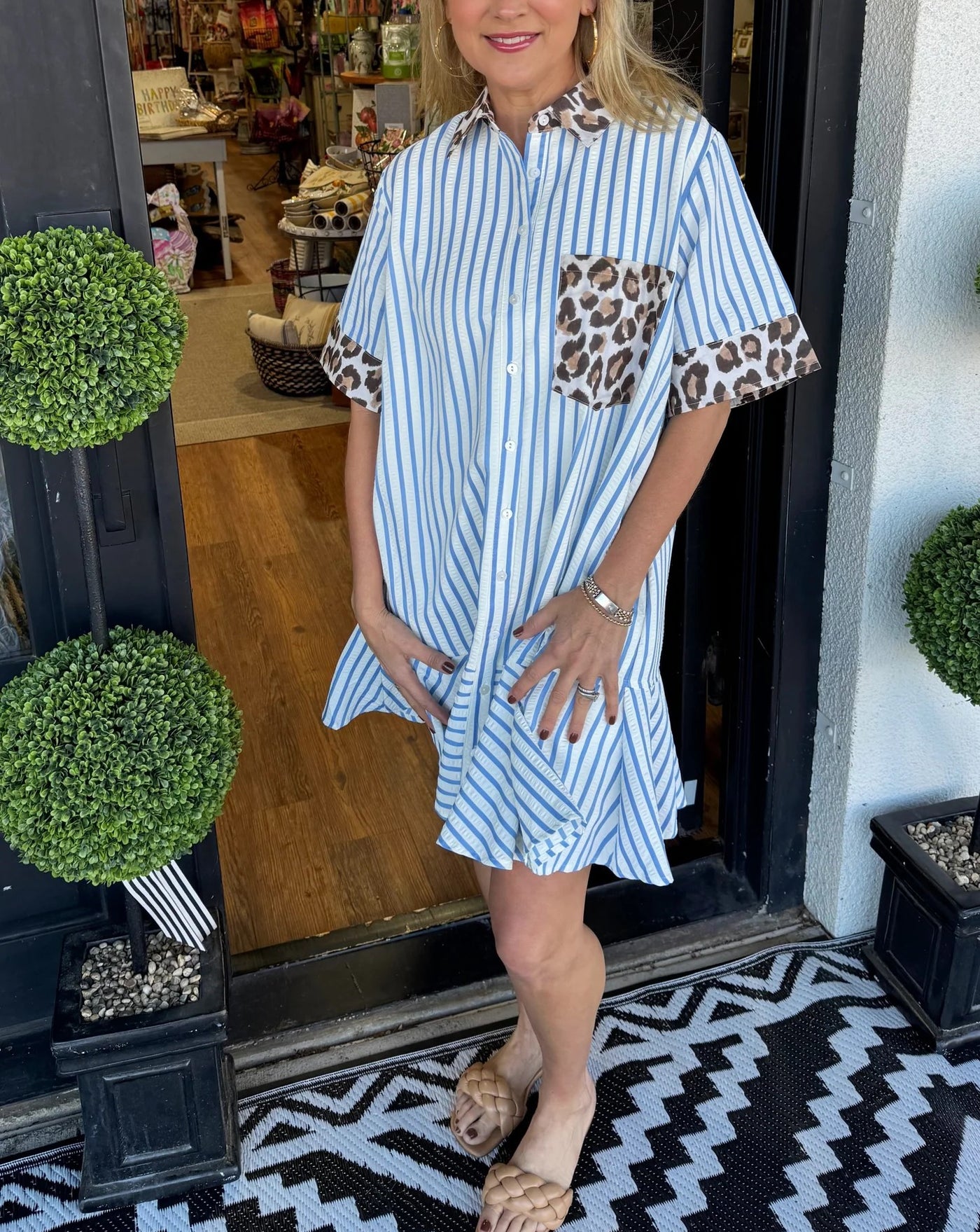 Savara™ | Striped & Animal Print Contrast Button-Down Dress