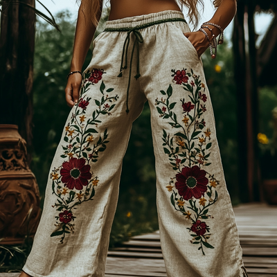 Women’s Bohemian Floral Embroidered Casual Pants