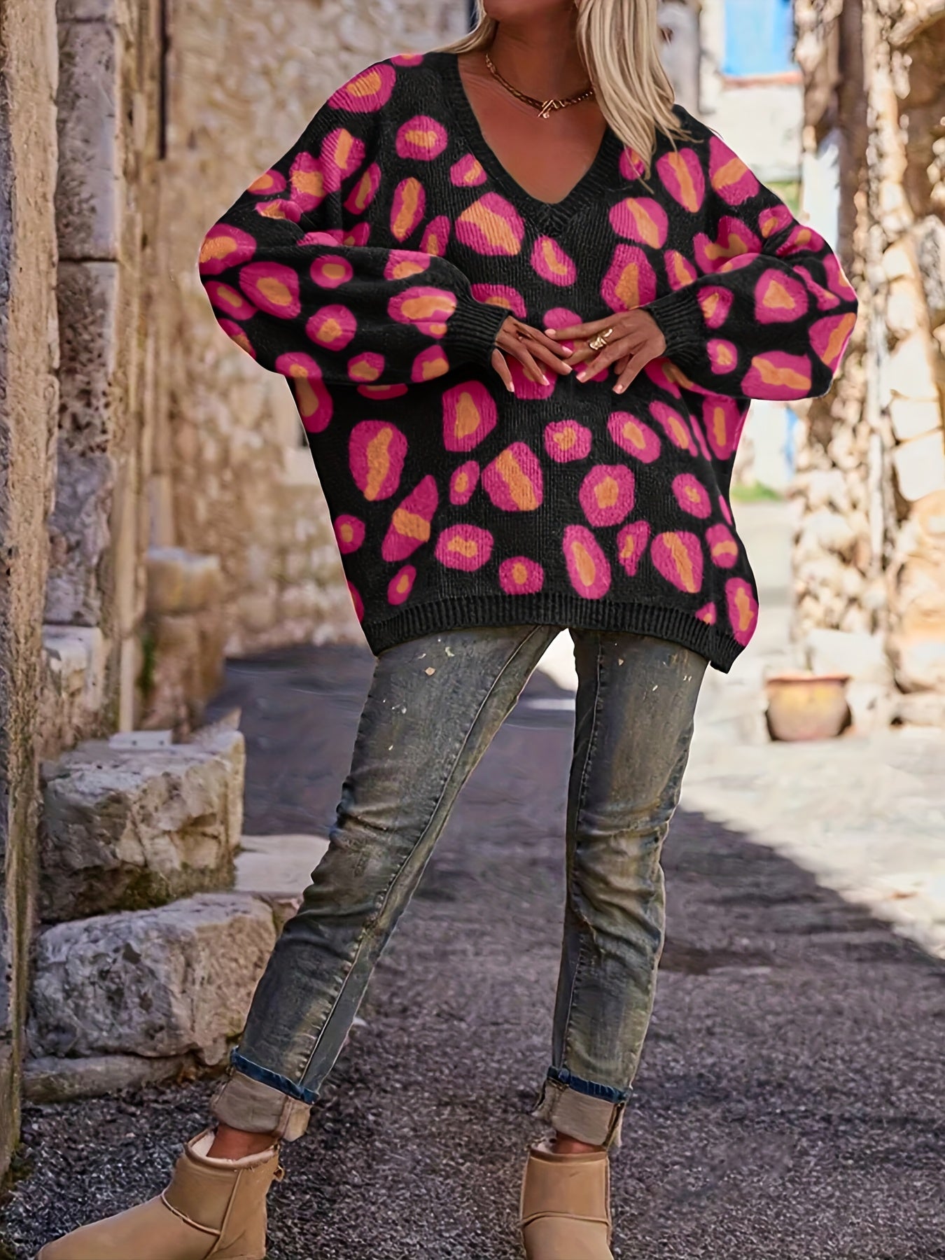 Aurelienne™ | Multicolor Leopard V-Neck Knit Sweater