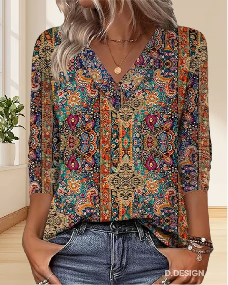 Marletta™ – Retro V-Neck Printed Blouse