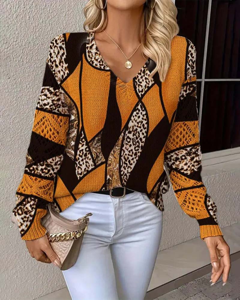 Savélle™ | V-Neck Hollow Leopard Print Pullover