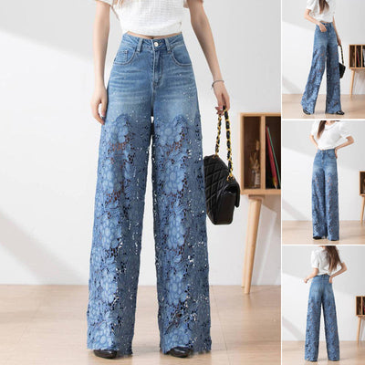 Solviette™ | High-Waisted Lace Panel Wide-Leg Denim Pants