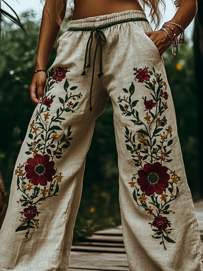 Women’s Bohemian Floral Embroidered Casual Pants