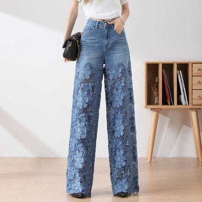 Solviette™ | High-Waisted Lace Panel Wide-Leg Denim Pants