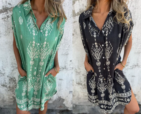 Loose-fitting short-sleeved dress with print and pockets