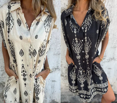 Loose-fitting short-sleeved dress with print and pockets