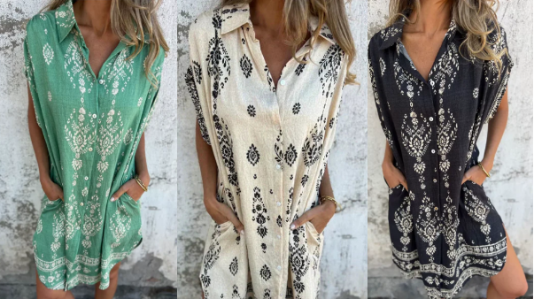 Loose-fitting short-sleeved dress with print and pockets