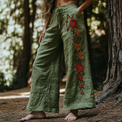 Bohemian Floral Print Linen Wide-Leg Pants