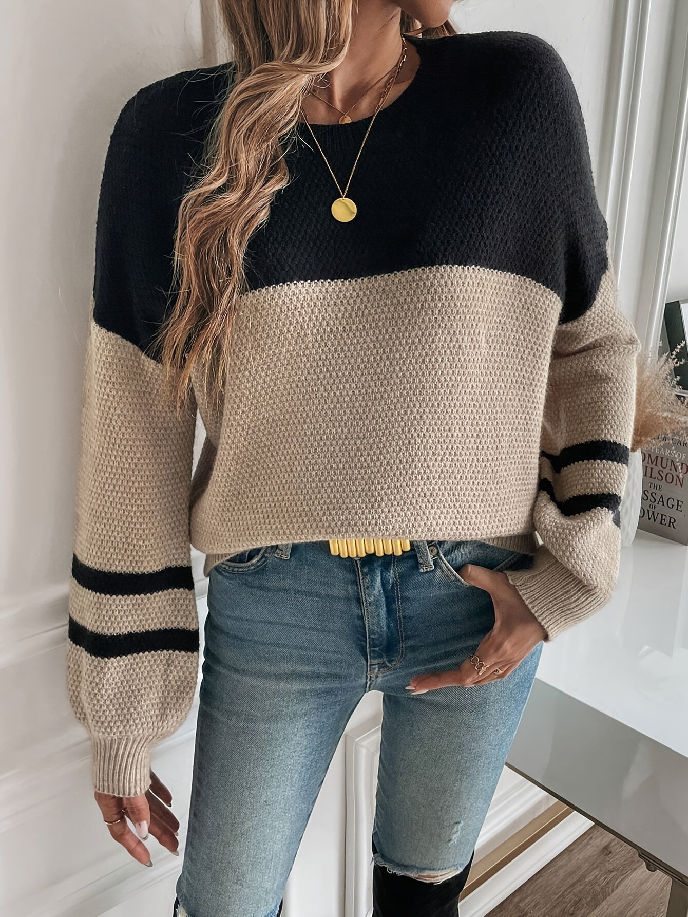 Casual Two-Tone Drop Shoulder Sweater