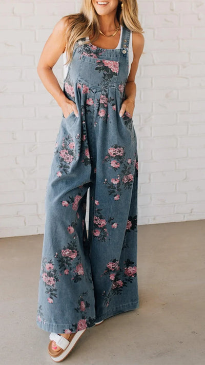 Floral Wide Leg Denim Overalls