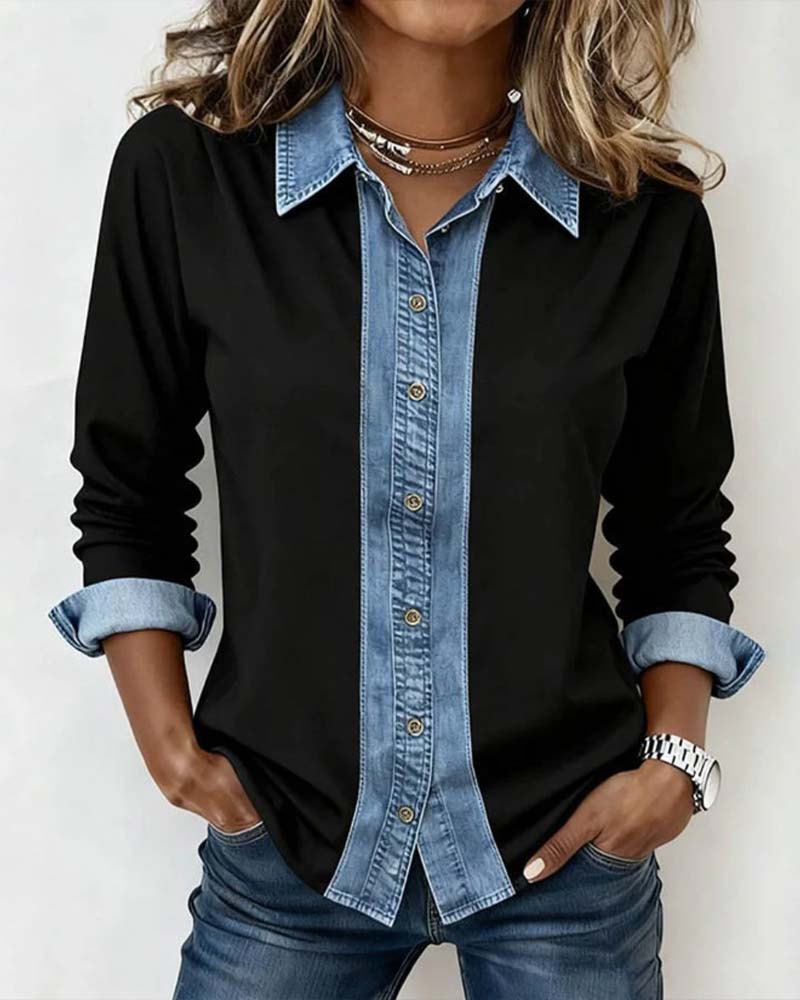 Denaira™ | Collared Denim Patchwork Blouse