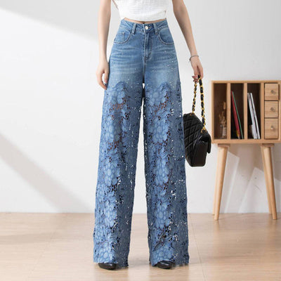 Solviette™ | High-Waisted Lace Panel Wide-Leg Denim Pants