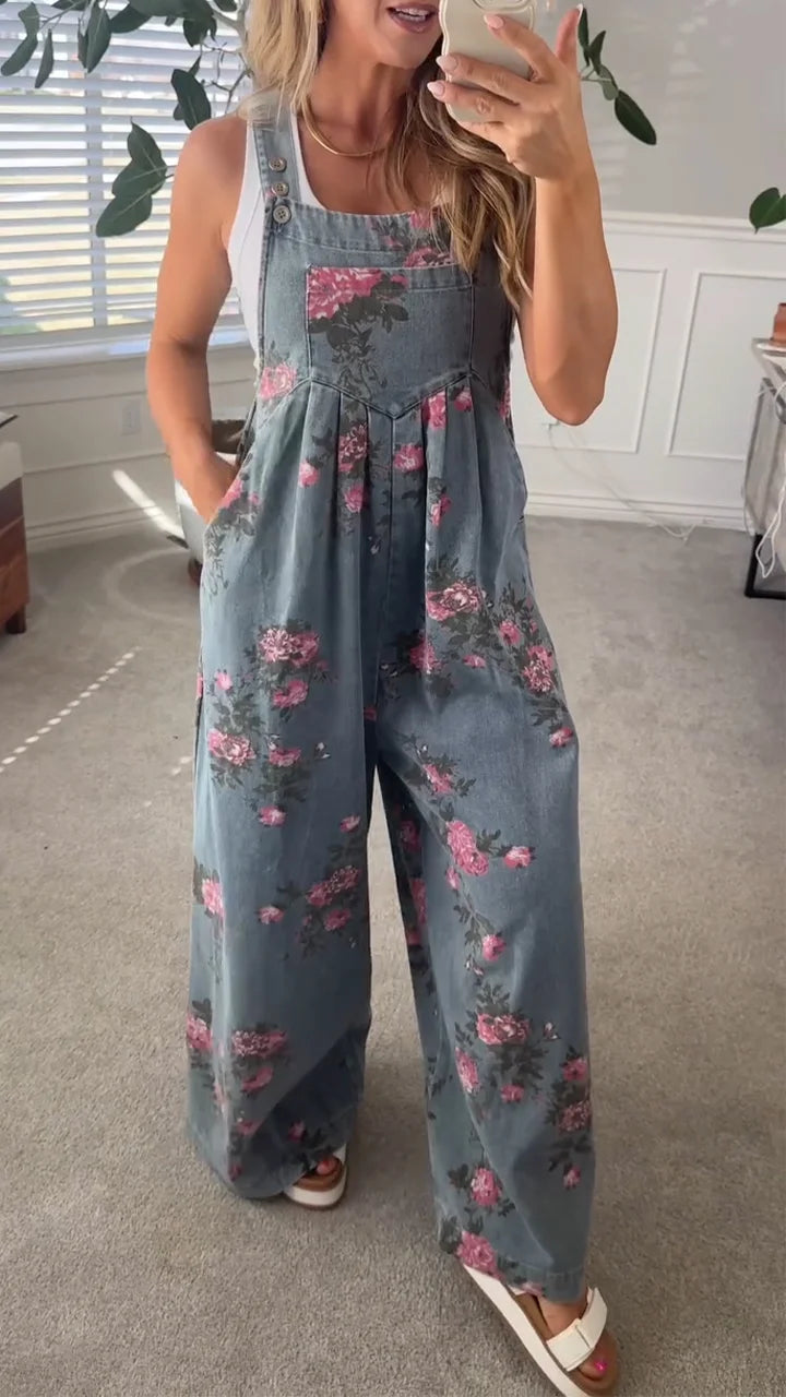 Floral Wide Leg Denim Overalls