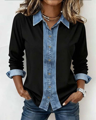 Denaira™ | Collared Denim Patchwork Blouse