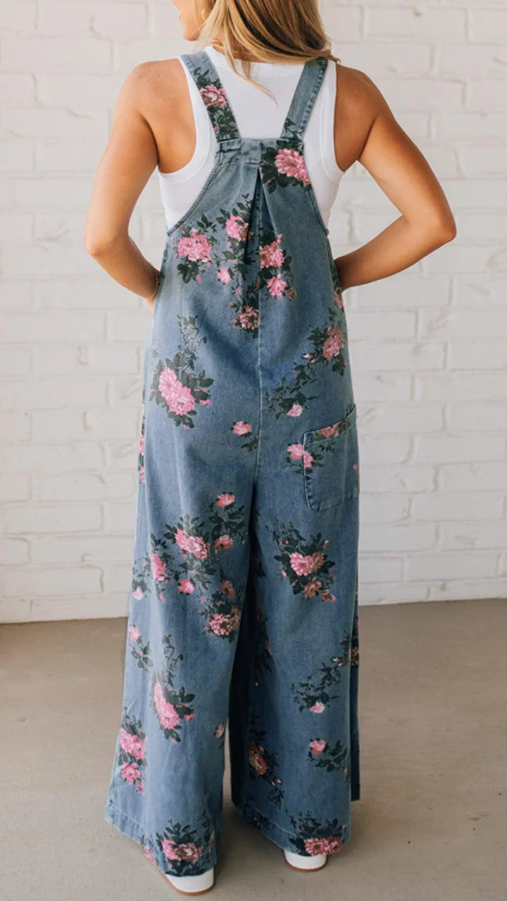 Floral Wide Leg Denim Overalls