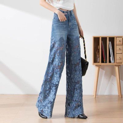 Solviette™ | High-Waisted Lace Panel Wide-Leg Denim Pants