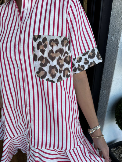 Savara™ | Striped & Animal Print Contrast Button-Down Dress