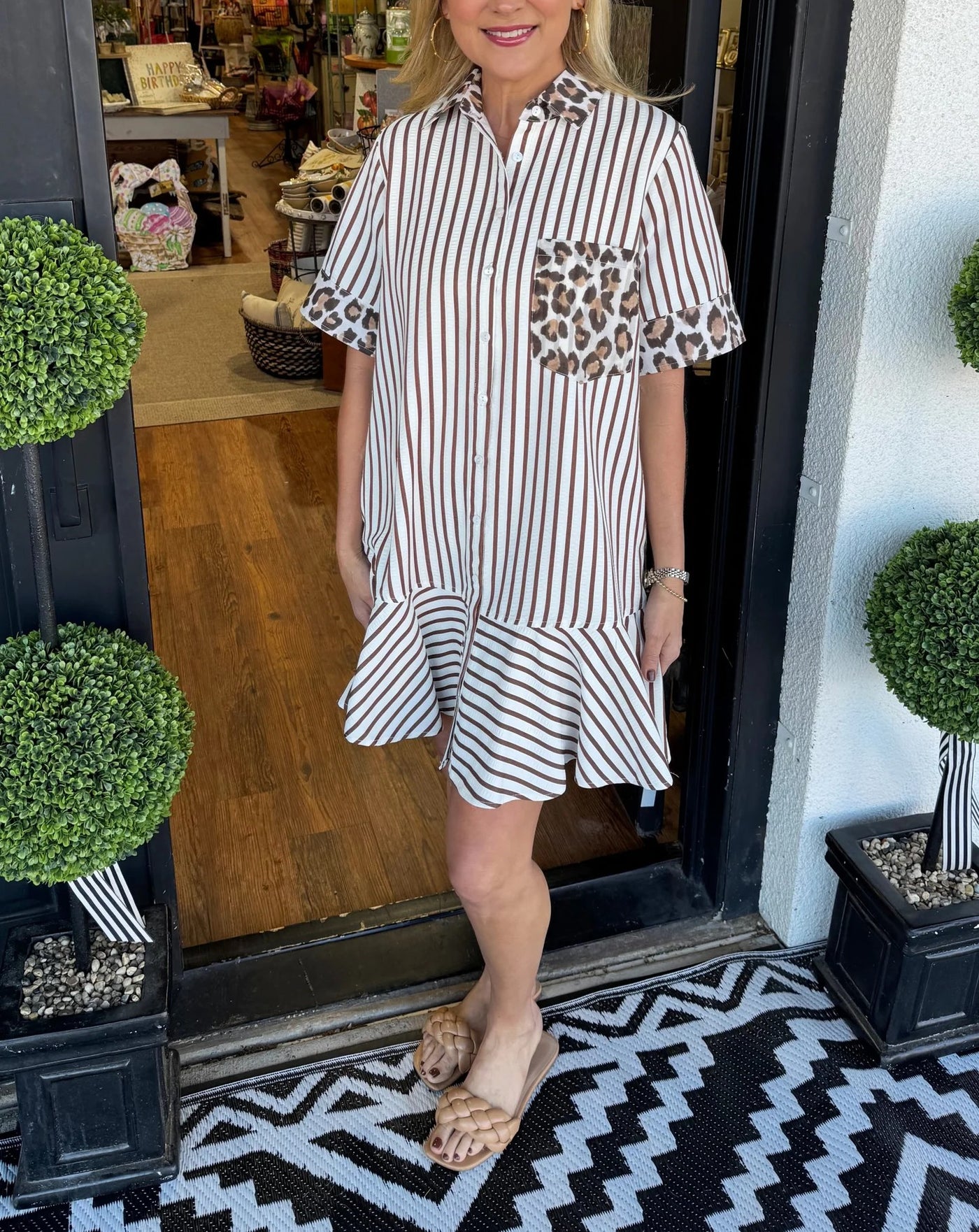Savara™ | Striped & Animal Print Contrast Button-Down Dress