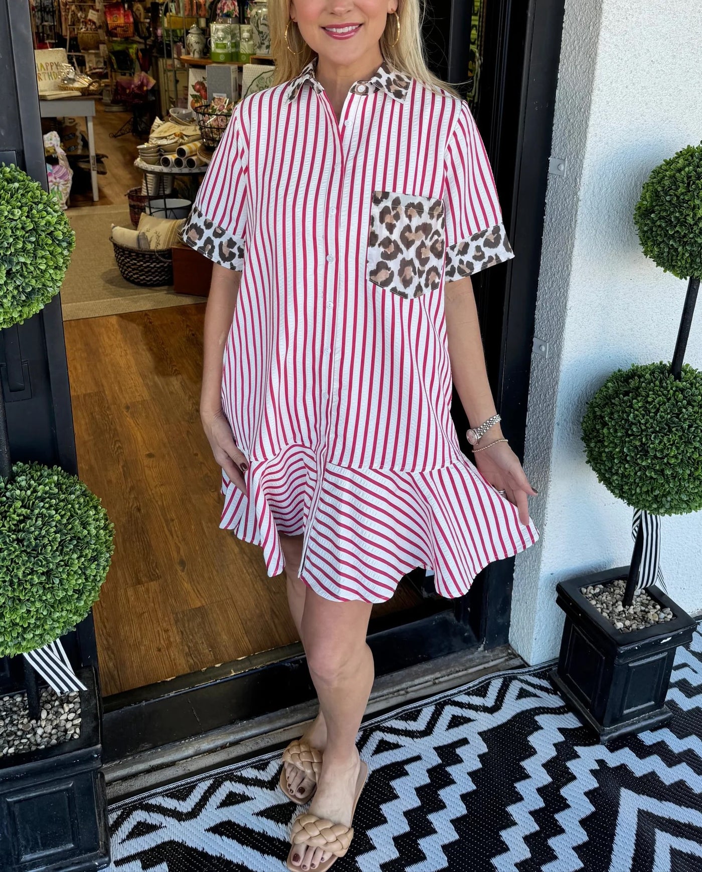 Savara™ | Striped & Animal Print Contrast Button-Down Dress