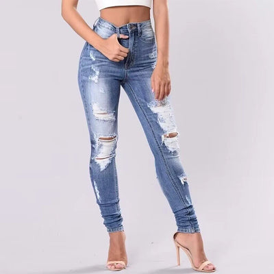 Plus Size Women's Jeans High Elasticity Ripped Jeans