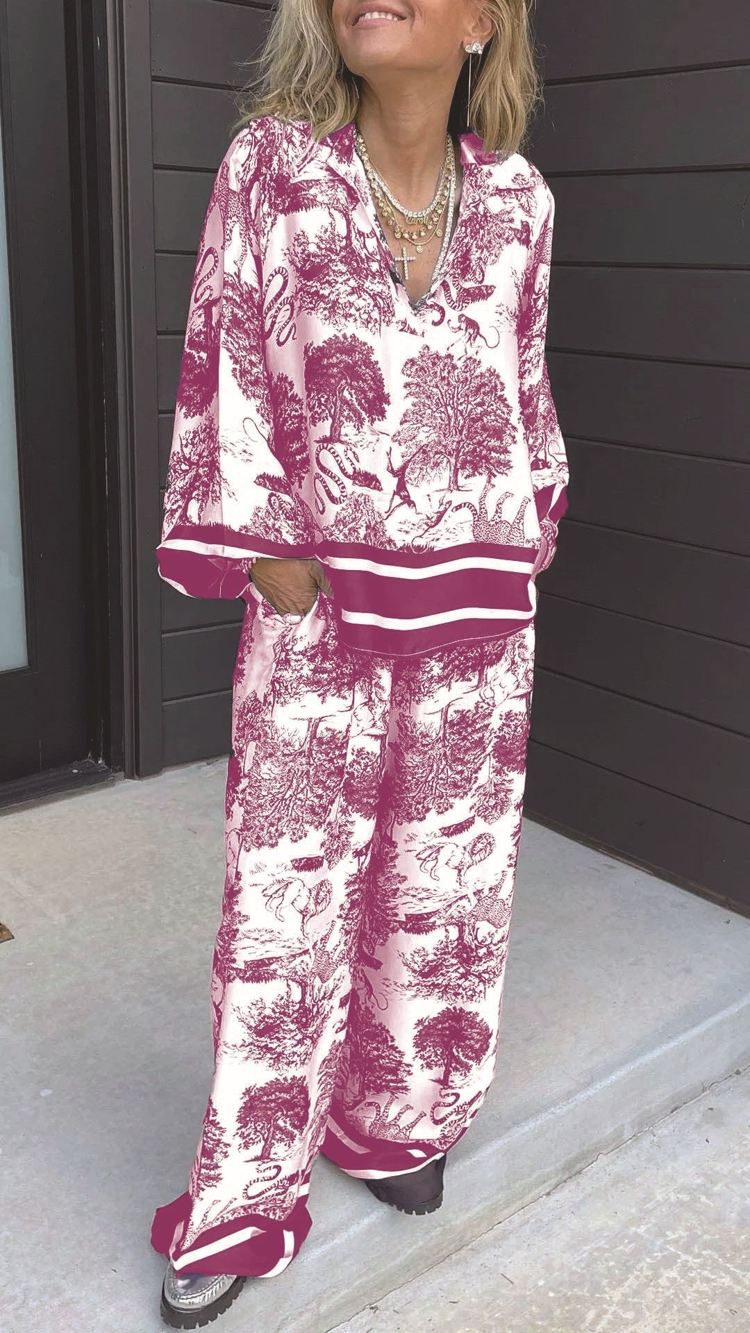 Verelina™ | Women’s V-Neck Printed Two-Piece Set