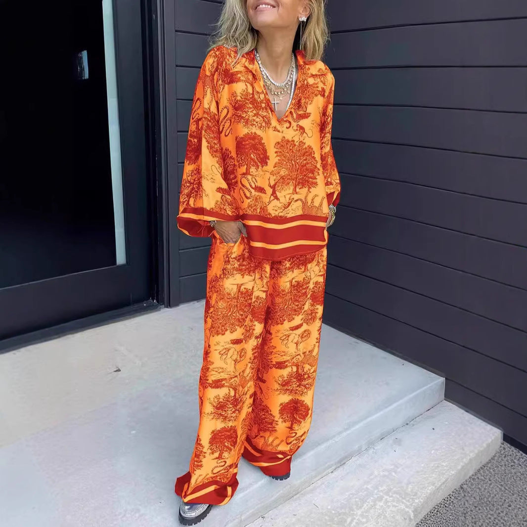 Verelina™ | Women’s V-Neck Printed Two-Piece Set