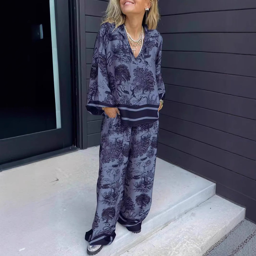 Verelina™ | Women’s V-Neck Printed Two-Piece Set